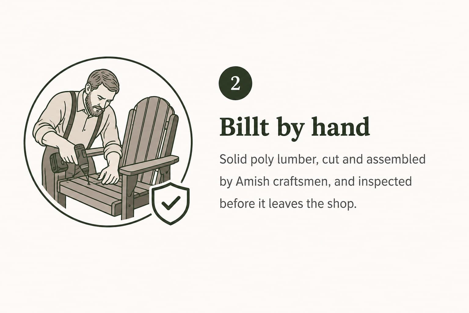 Step 2 — Billt by hand. Solid poly lumber, cut and assembled by Amish craftsmen, and inspected before it leaves the shop.