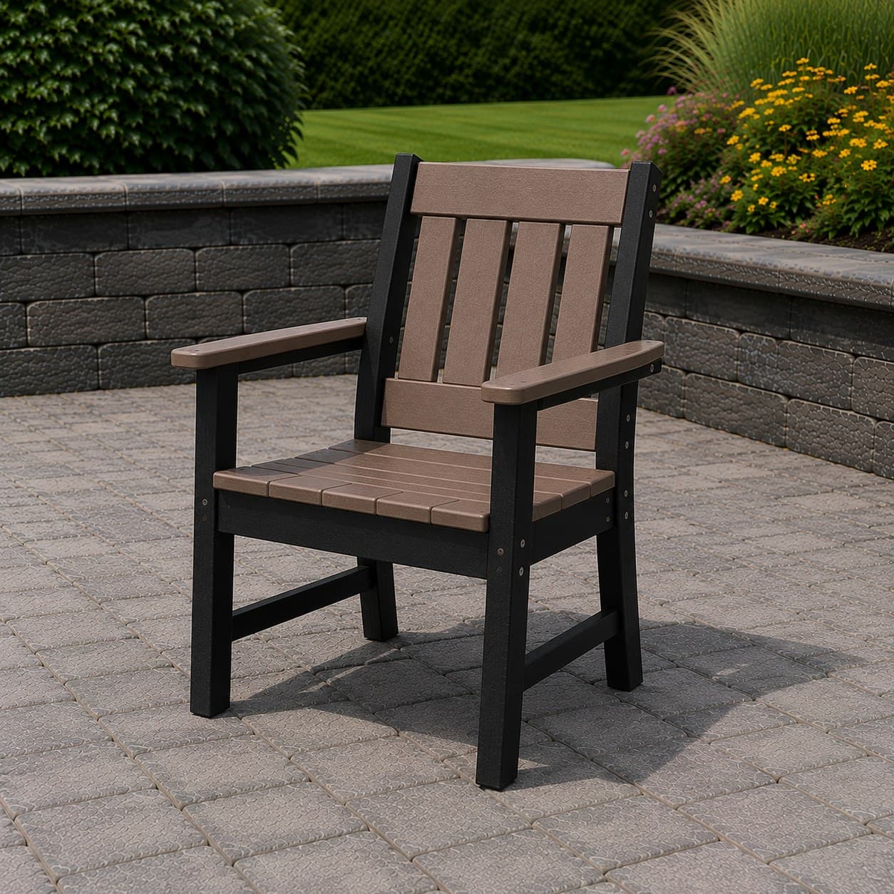 Poly dining chair with full arms and a contoured back