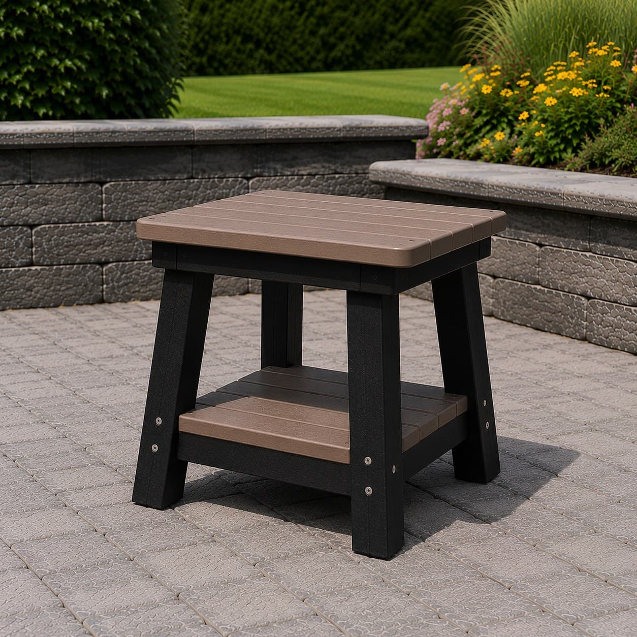 Small poly accent table sized to sit flush with a glider arm